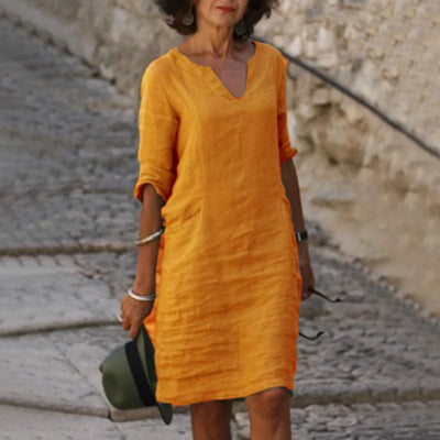 Women's Dress Solid Color Round Neck Cotton Linen V-neck Splicing Retro Three-quarter Sleeve Summer Women's Linen Cotton Dress