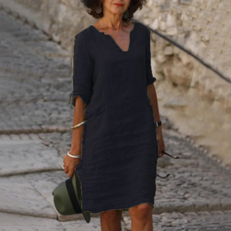 Women's Dress Solid Color Round Neck Cotton Linen V-neck Splicing Retro Three-quarter Sleeve Summer Women's Linen Cotton Dress