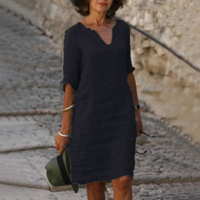 Women's Dress Solid Color Round Neck Cotton Linen V-neck Splicing Retro Three-quarter Sleeve Summer Women's Linen Cotton Dress