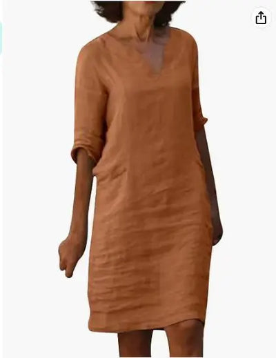 Women's Dress Solid Color Round Neck Cotton Linen V-neck Splicing Retro Three-quarter Sleeve Summer Women's Linen Cotton Dress
