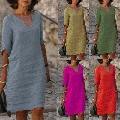 Women's Dress Solid Color Round Neck Cotton Linen V-neck Splicing Retro Three-quarter Sleeve Summer Women's Linen Cotton Dress