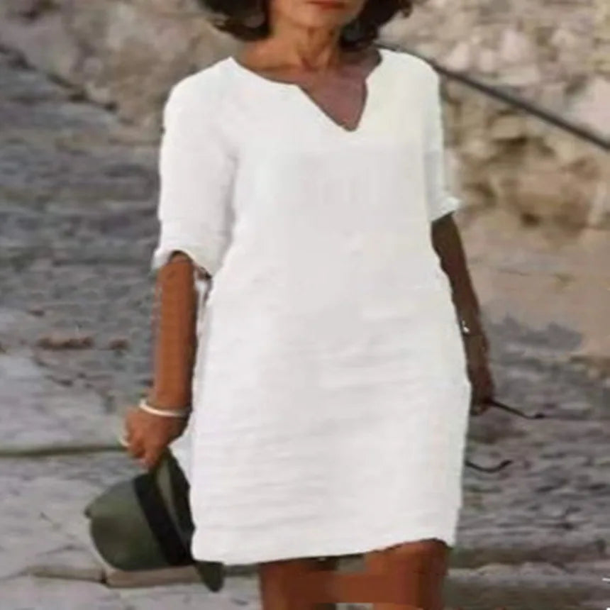Women's Dress Solid Color Round Neck Cotton Linen V-neck Splicing Retro Three-quarter Sleeve Summer Women's Linen Cotton Dress