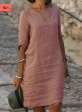 Women's Dress Solid Color Round Neck Cotton Linen V-neck Splicing Retro Three-quarter Sleeve Summer Women's Linen Cotton Dress