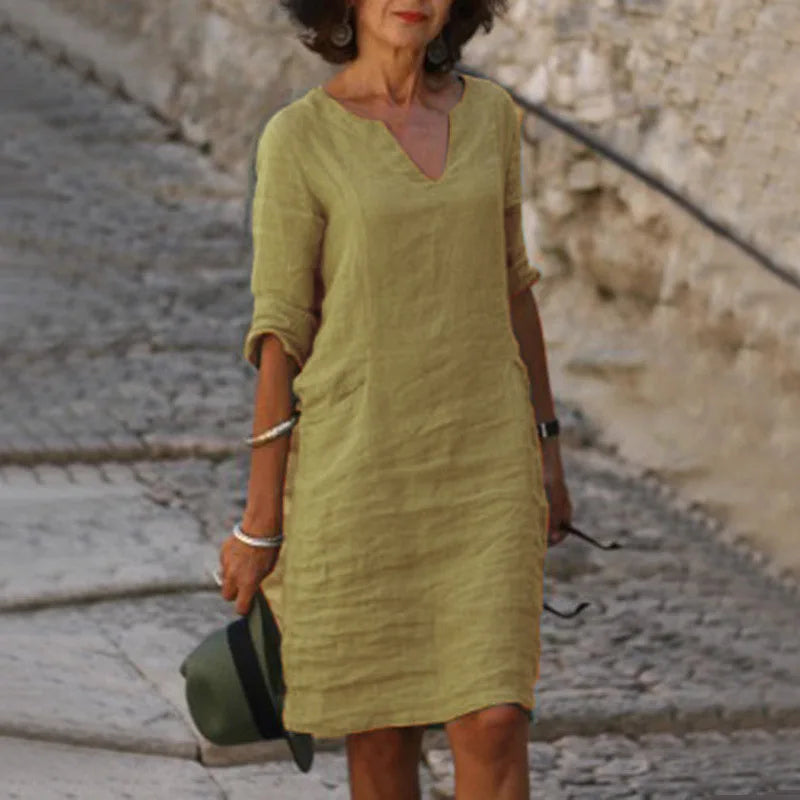 Women's Dress Solid Color Round Neck Cotton Linen V-neck Splicing Retro Three-quarter Sleeve Summer Women's Linen Cotton Dress
