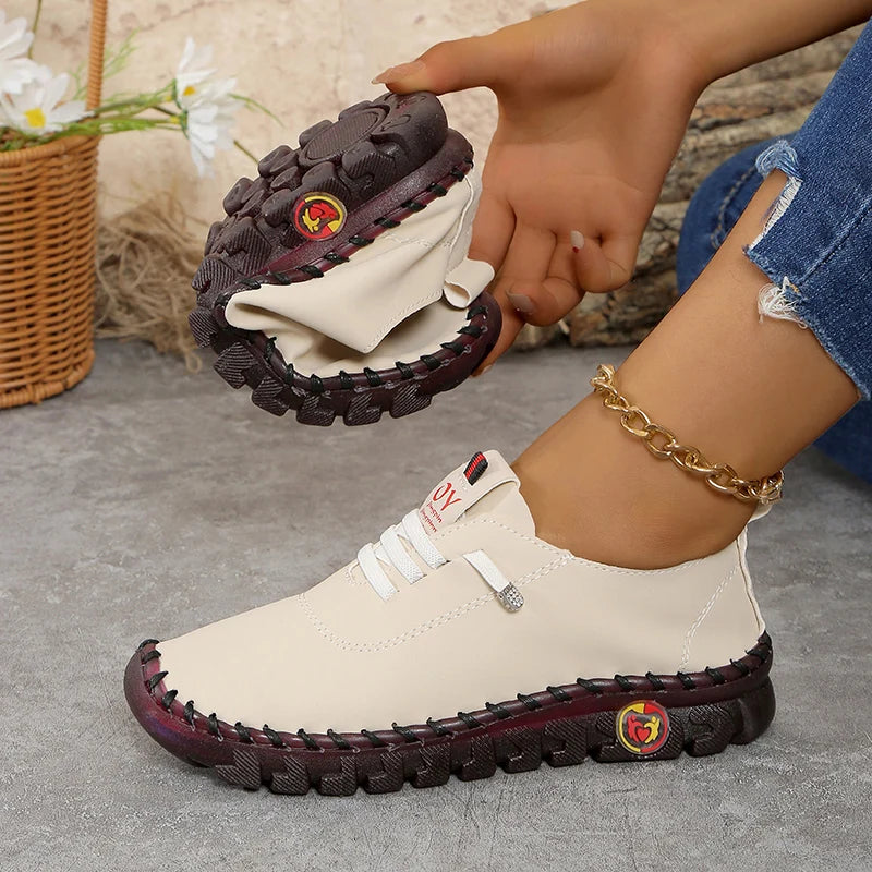 Women's Wide Fit (Sizes 35-45) Leather Sneakers Flat Elastic Slip-On Loafers – Comfortable Casual Shoes for Moms Women's Shoes