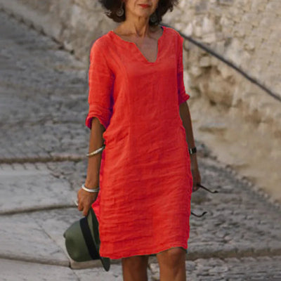 Women's Dress Solid Color Round Neck Cotton Linen V-neck Splicing Retro Three-quarter Sleeve Summer Women's Linen Cotton Dress