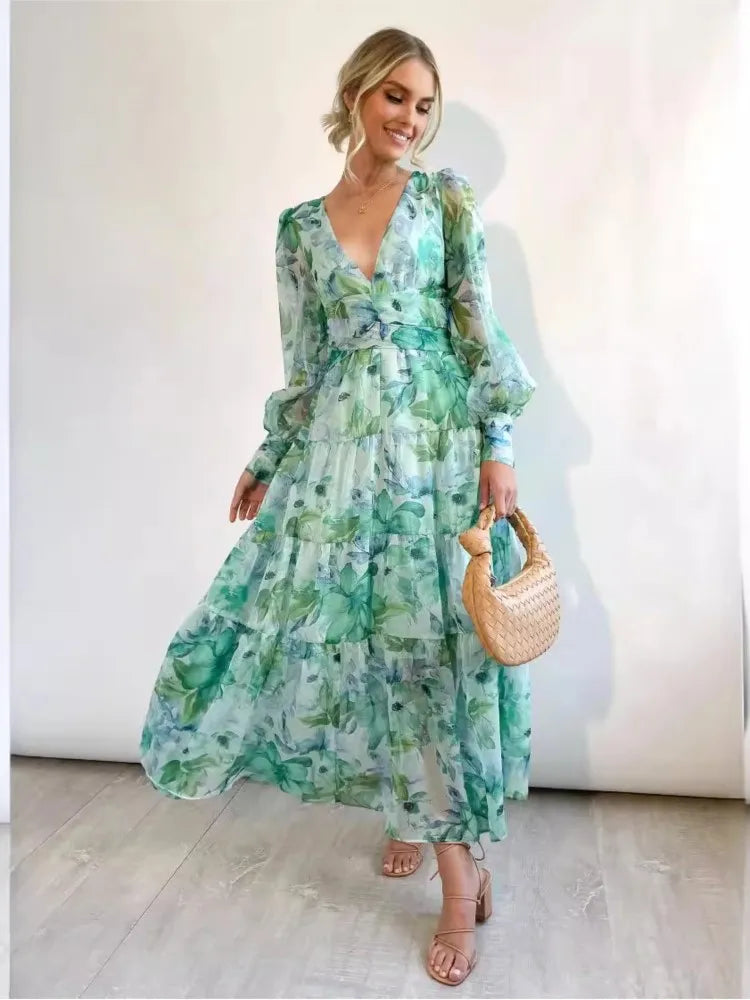 Flora | Long Sleeve V-Neck Maxi Dress