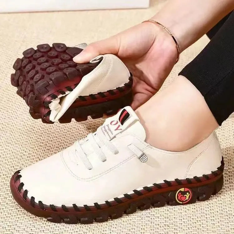Women's Wide Fit (Sizes 35-45) Leather Sneakers Flat Elastic Slip-On Loafers – Comfortable Casual Shoes for Moms Women's Shoes