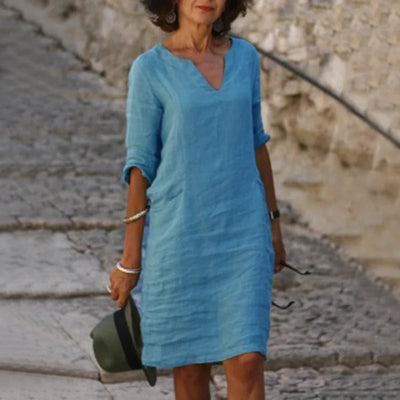 Women's Dress Solid Color Round Neck Cotton Linen V-neck Splicing Retro Three-quarter Sleeve Summer Women's Linen Cotton Dress