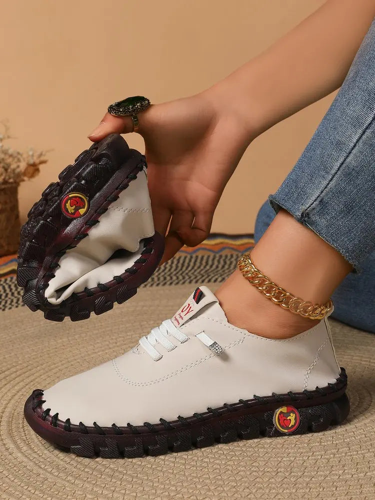 Women's Wide Fit (Sizes 35-45) Leather Sneakers Flat Elastic Slip-On Loafers – Comfortable Casual Shoes for Moms Women's Shoes
