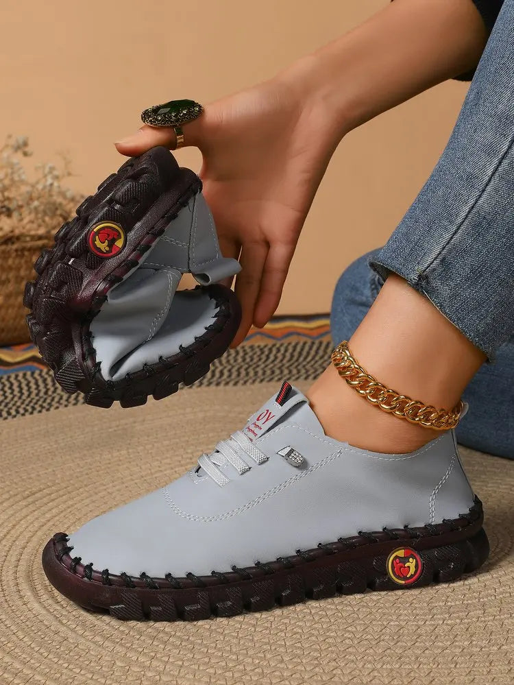 Women's Wide Fit (Sizes 35-45) Leather Sneakers Flat Elastic Slip-On Loafers – Comfortable Casual Shoes for Moms Women's Shoes