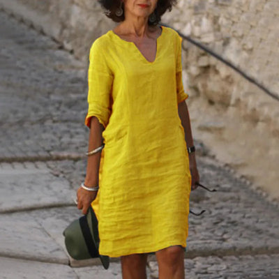 Women's Dress Solid Color Round Neck Cotton Linen V-neck Splicing Retro Three-quarter Sleeve Summer Women's Linen Cotton Dress