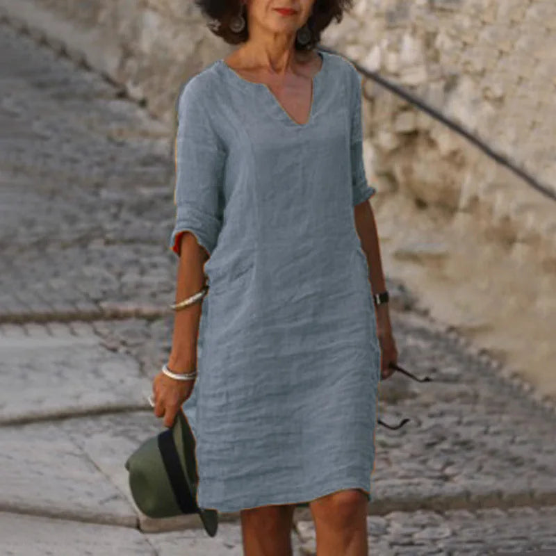 Women's Dress Solid Color Round Neck Cotton Linen V-neck Splicing Retro Three-quarter Sleeve Summer Women's Linen Cotton Dress