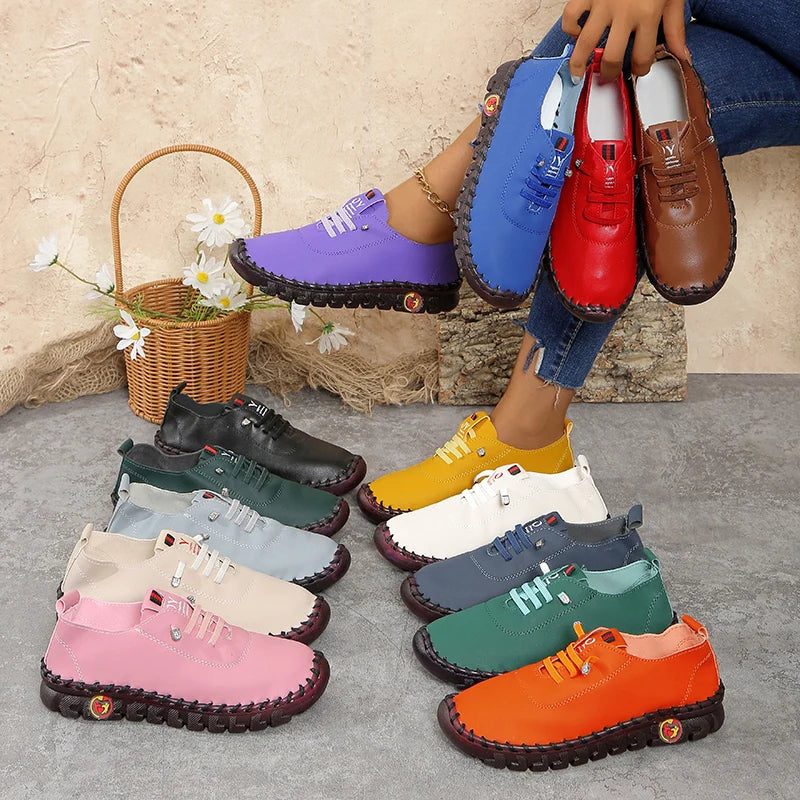 Women's Wide Fit (Sizes 35-45) Leather Sneakers Flat Elastic Slip-On Loafers – Comfortable Casual Shoes for Moms Women's Shoes