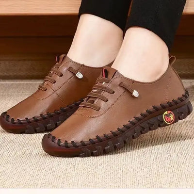 Women's Wide Fit (Sizes 35-45) Leather Sneakers Flat Elastic Slip-On Loafers – Comfortable Casual Shoes for Moms Women's Shoes