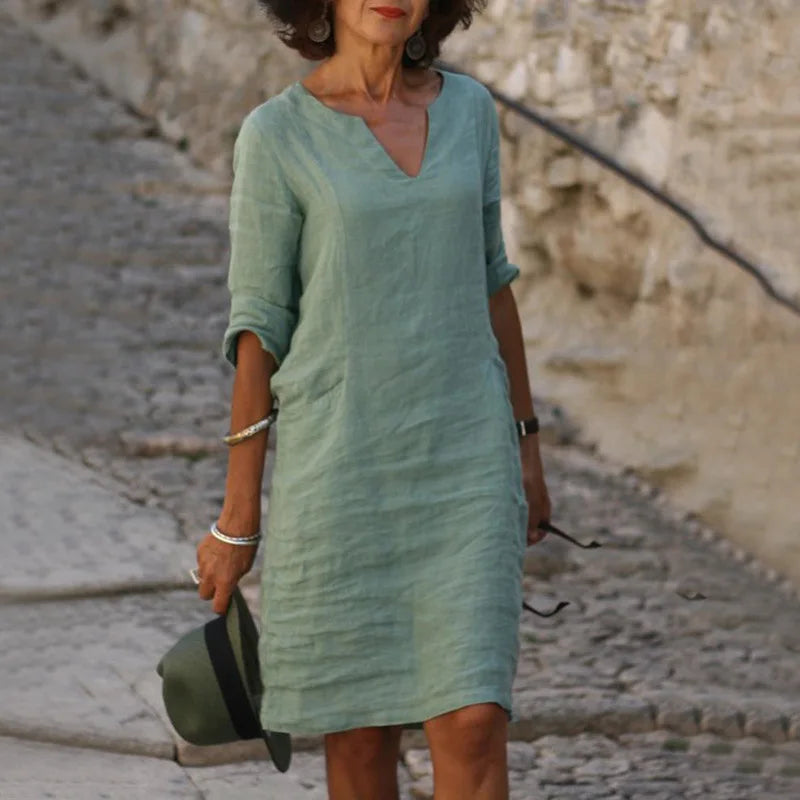 Women's Dress Solid Color Round Neck Cotton Linen V-neck Splicing Retro Three-quarter Sleeve Summer Women's Linen Cotton Dress
