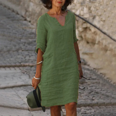 Women's Dress Solid Color Round Neck Cotton Linen V-neck Splicing Retro Three-quarter Sleeve Summer Women's Linen Cotton Dress